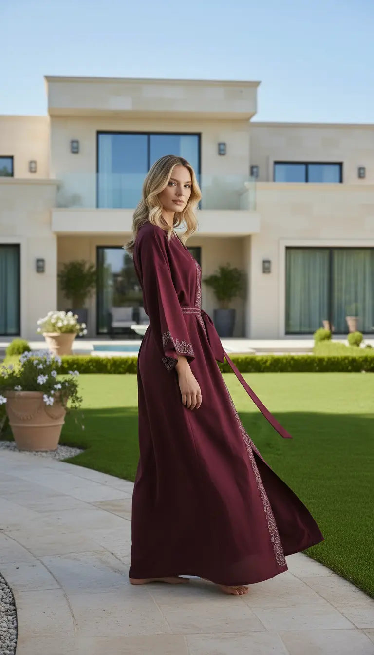 Layali Abaya | Maroon Embroidered Modest Abaya Dress
