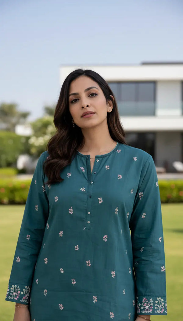Lina Kurta | Teal Embroidered Modest Kurta for Women