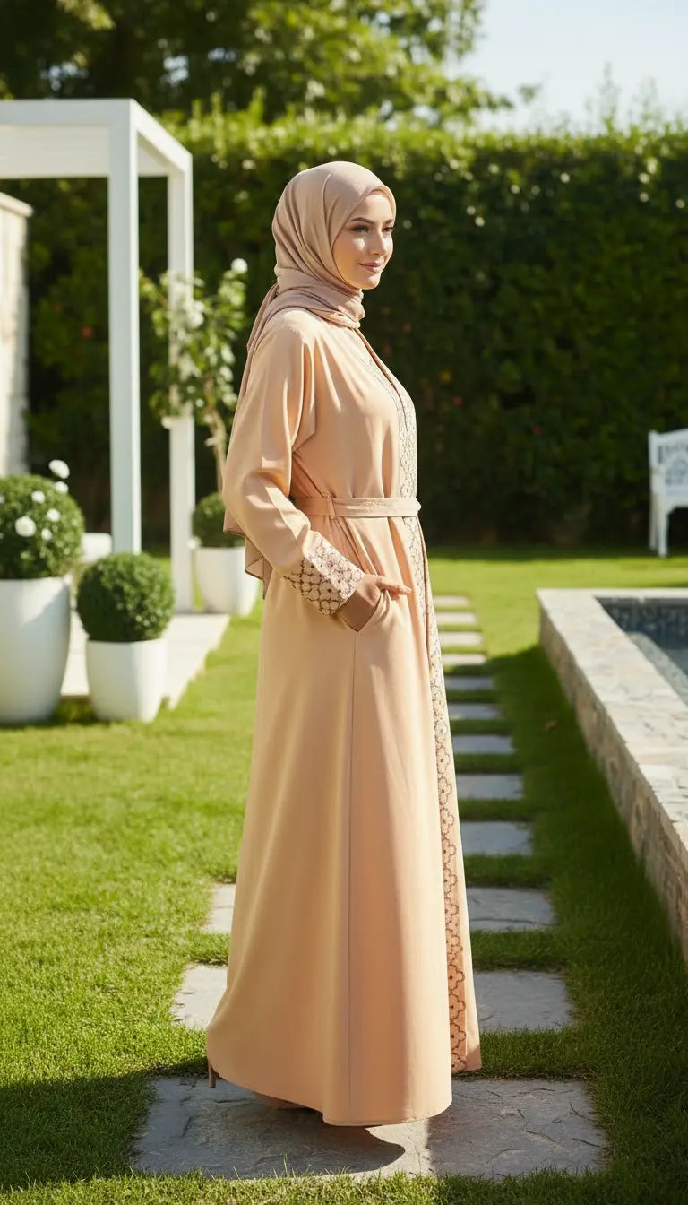 Noura Abaya | Camel Beige Embroidered Modest Abaya