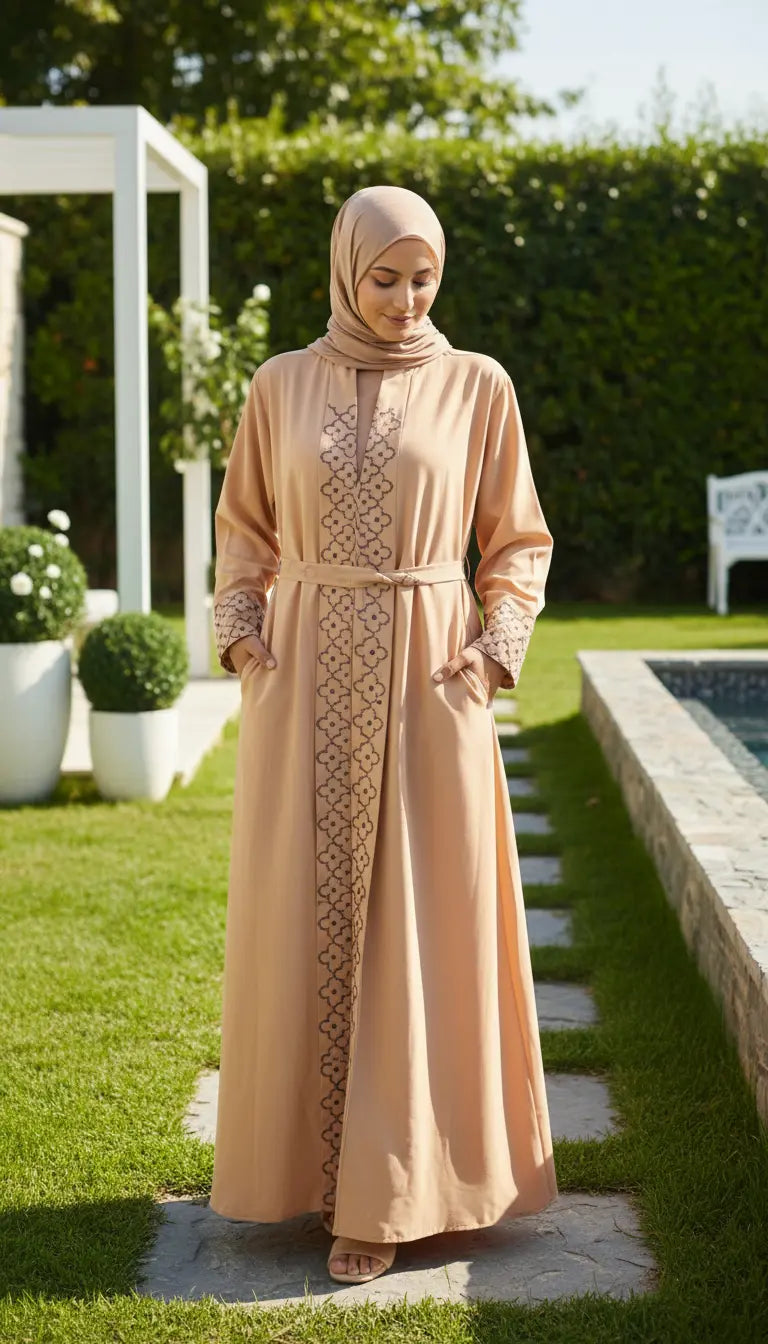 Noura Abaya | Camel Beige Embroidered Modest Abaya