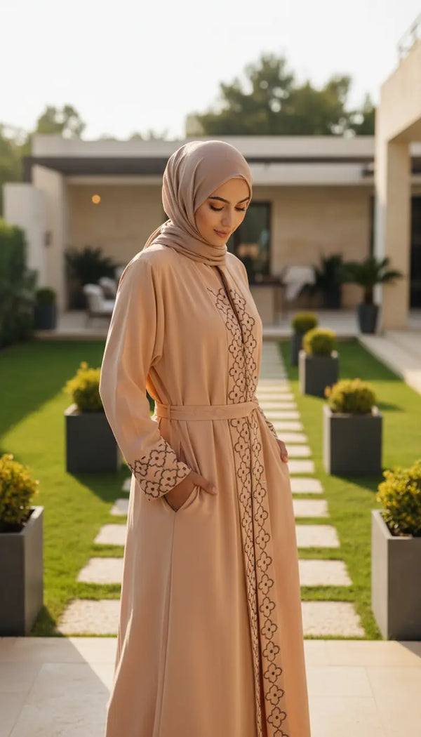Noura Abaya | Camel Beige Embroidered Modest Abaya