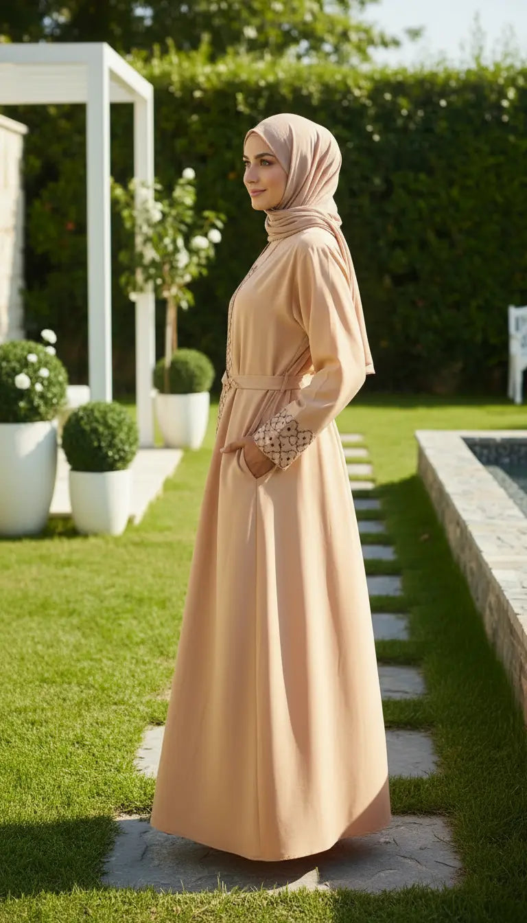 Noura Abaya | Camel Beige Embroidered Modest Abaya