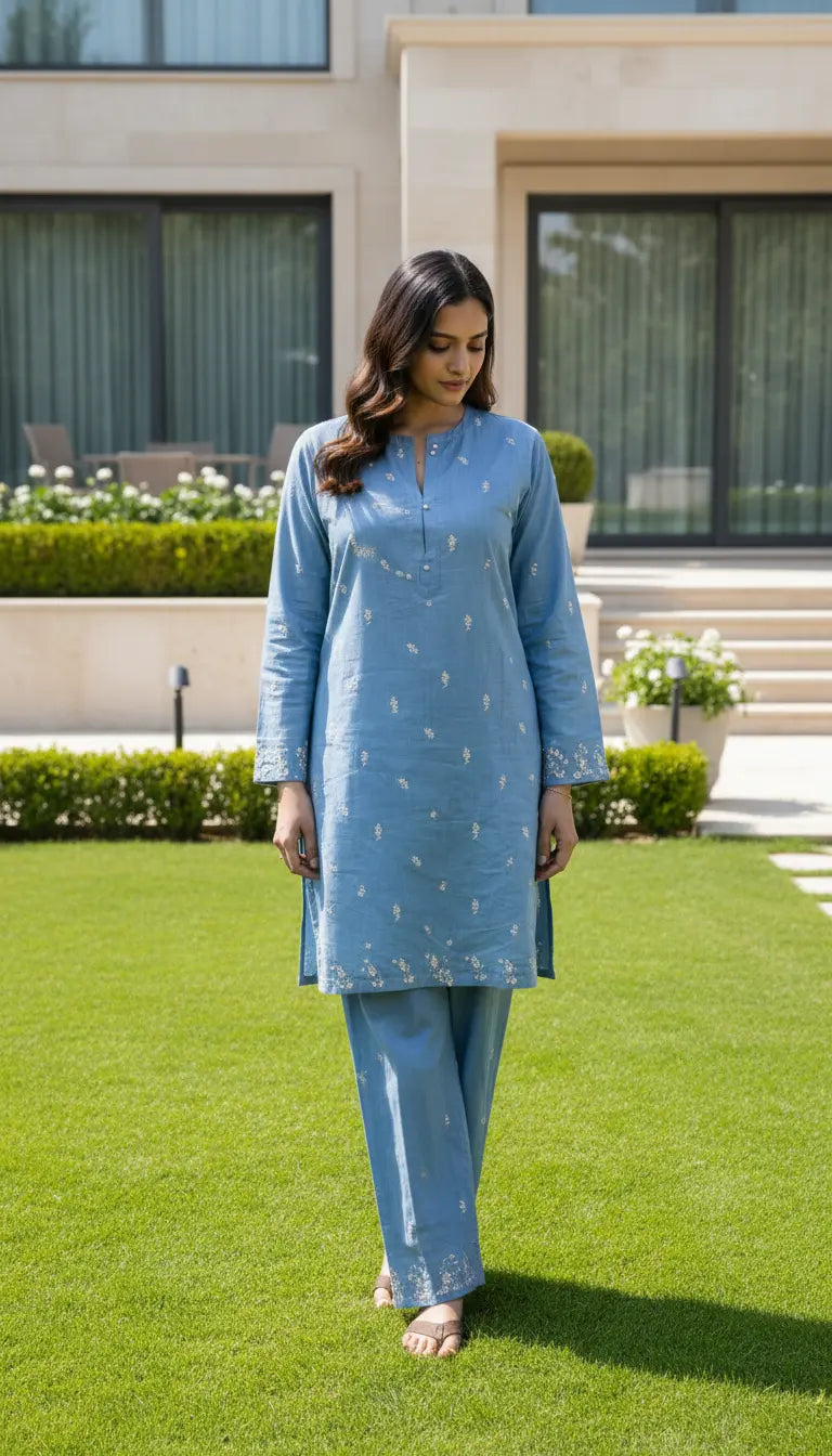 Sana Kurta Set | Blue Embroidered Kurta with Pants