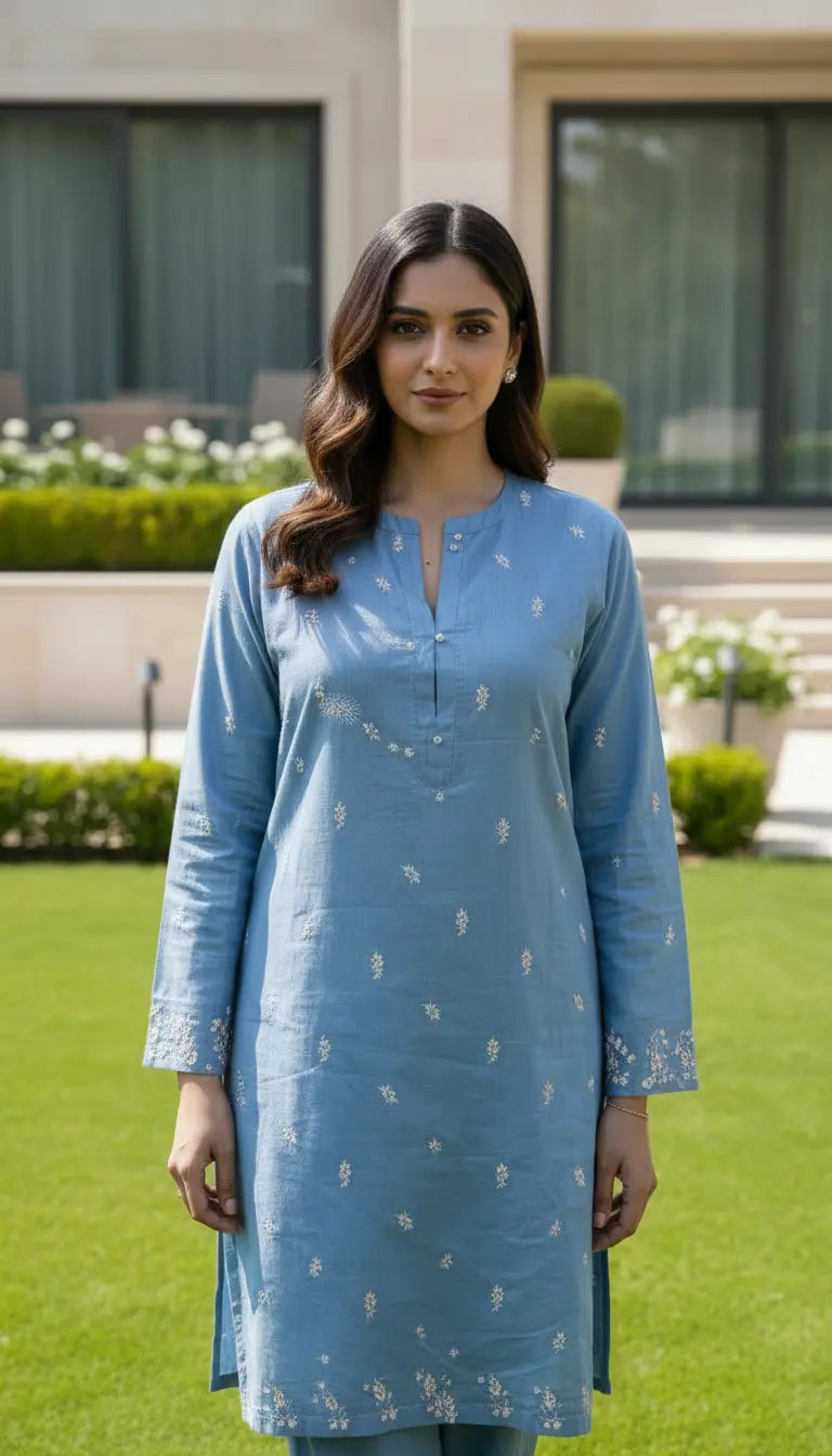 Sana Kurta Set | Blue Embroidered Kurta with Pants