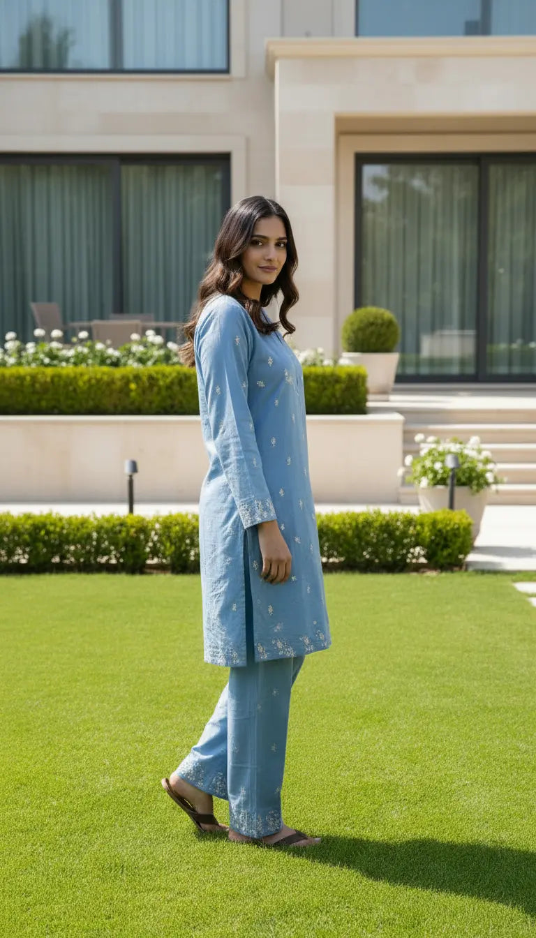 Sana Kurta Set | Blue Embroidered Kurta with Pants