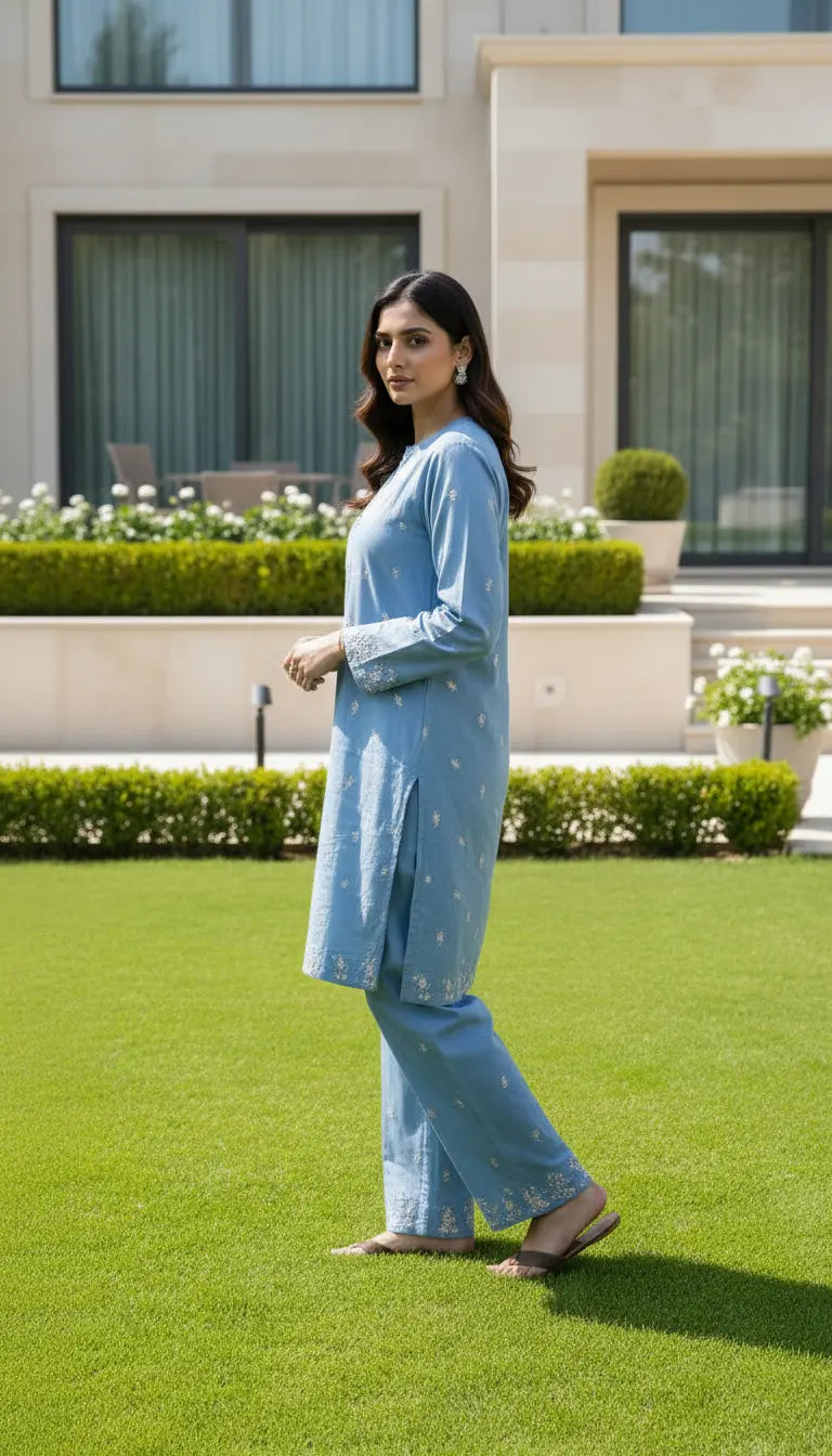 Sana Kurta Set | Blue Embroidered Kurta with Pants