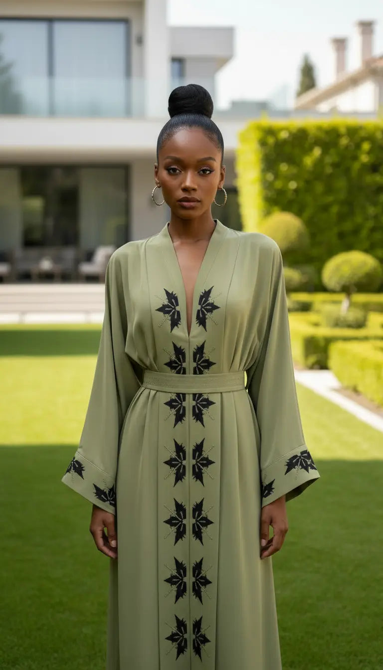 Zayra Abaya | Olive Green Embroidered Modest Abaya