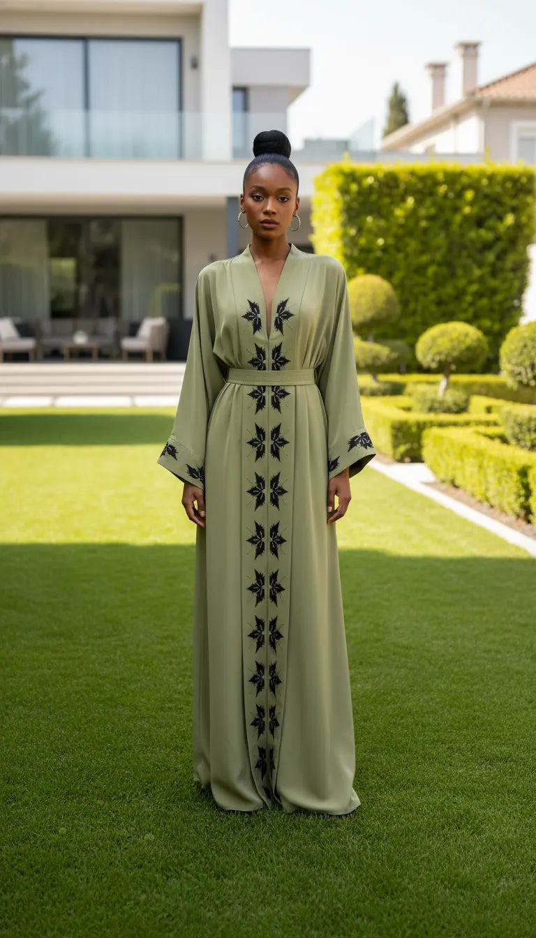 Zayra Abaya | Olive Green Embroidered Modest Abaya