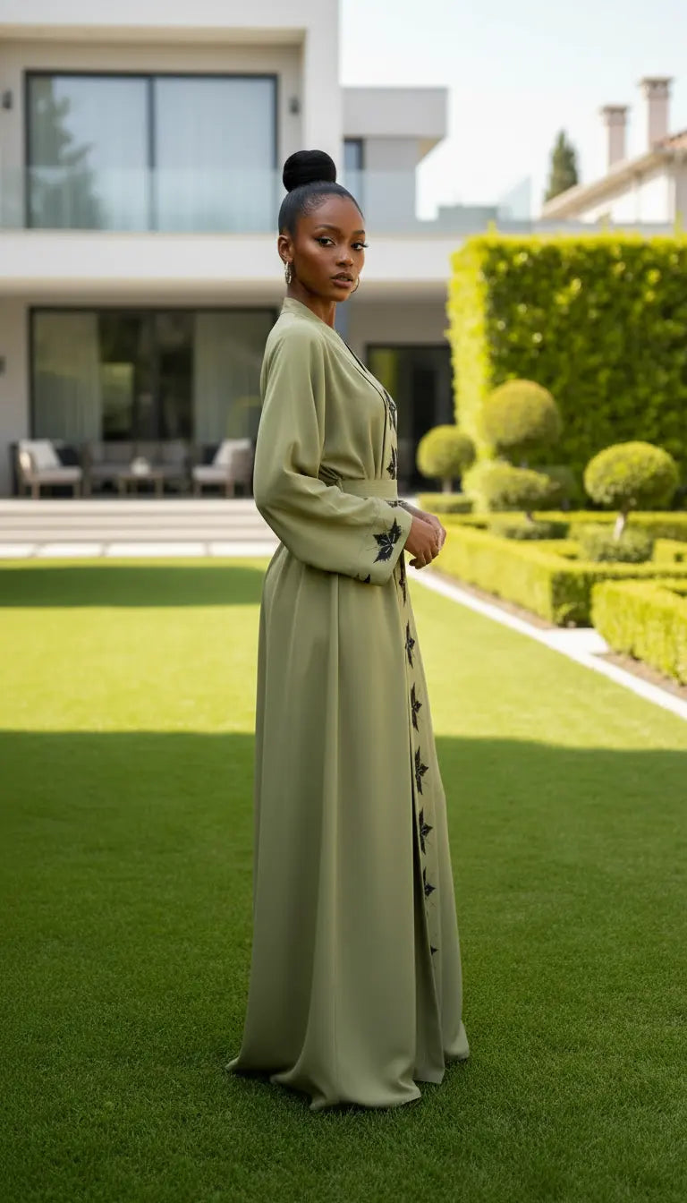 Zayra Abaya | Olive Green Embroidered Modest Abaya