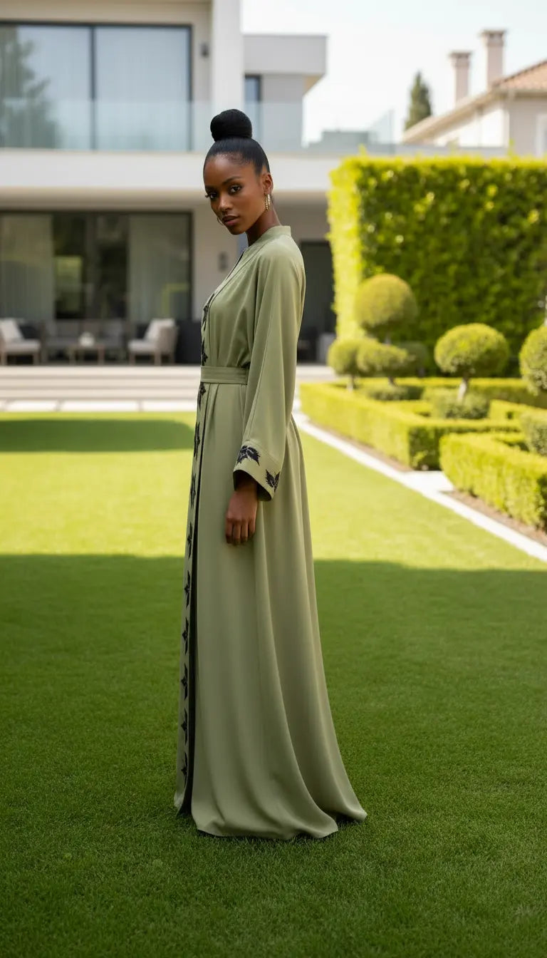 Zayra Abaya | Olive Green Embroidered Modest Abaya
