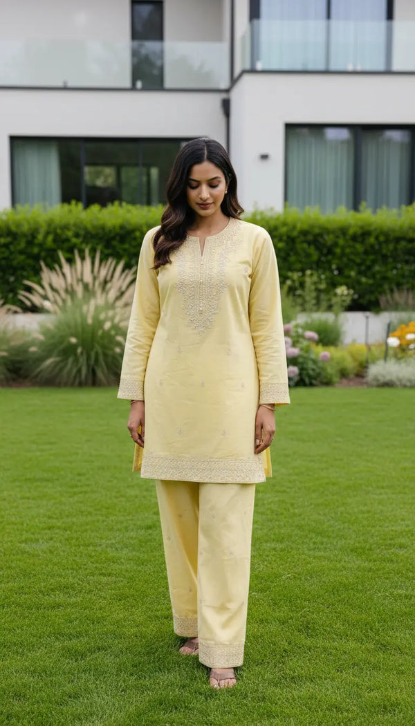 Zeenah Kurta Set | Yellow Embroidered Kurta with Pants
